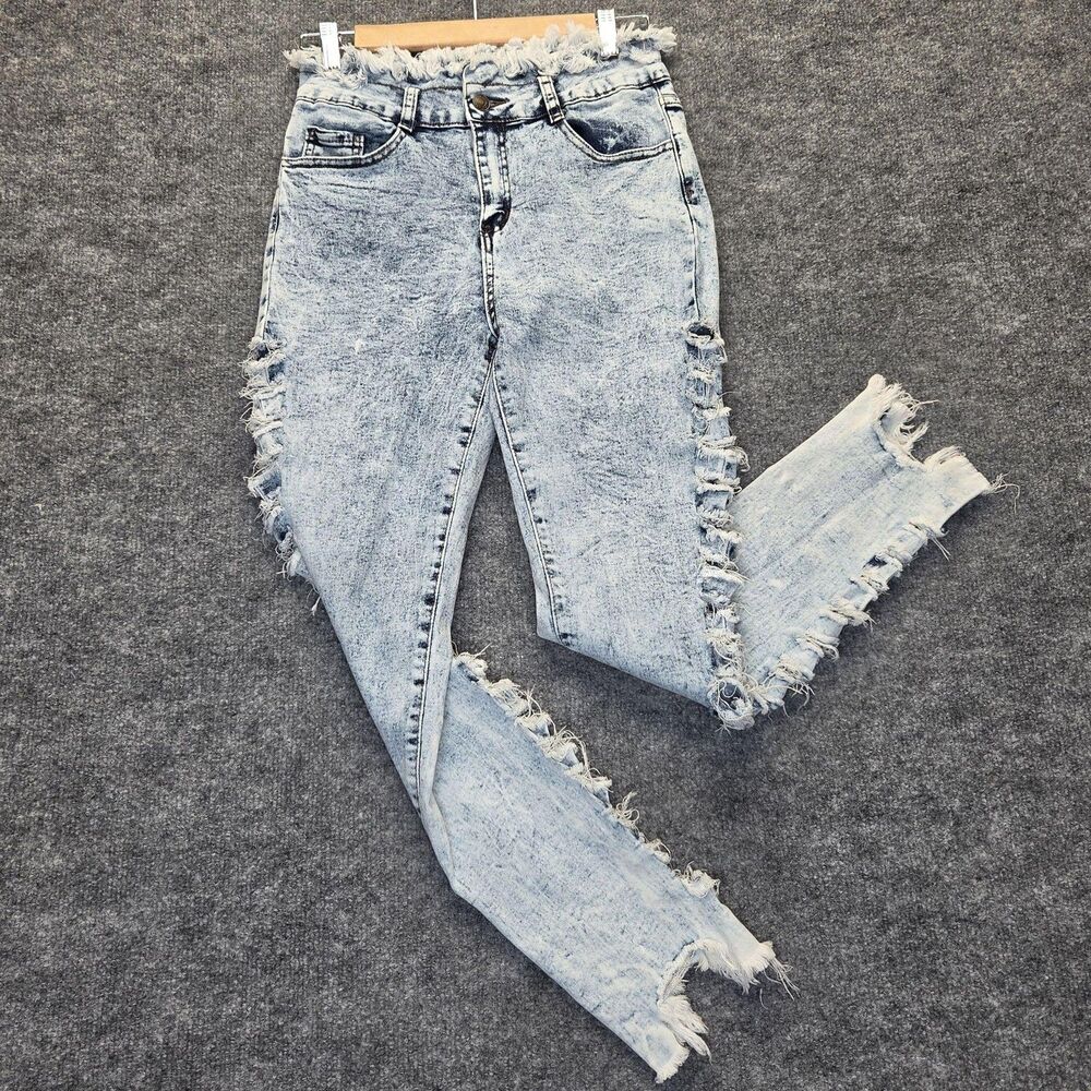 Pink Label Jeans Juniors 7 Blue Acid Wash Mid Rise Skinny Distressed Fringe